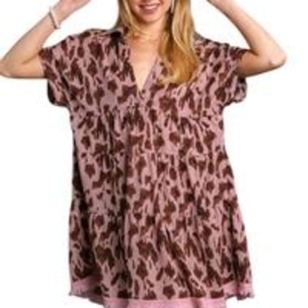 Umgee Animal Print V-Neck Pink and Brown Patterned Dress PTP 23 LENGTH 37